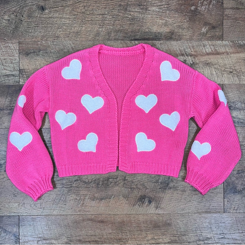Pink with White Hearts Cardigan Barbie Sweater Valentine’s Day Scandi Girl - Picture 8 of 14